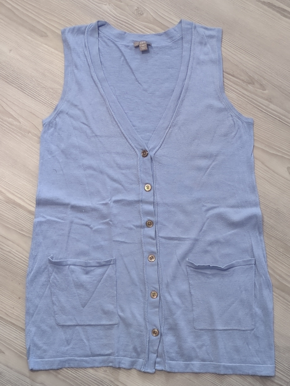 J.Jill Cotton Cashmere Long Cardigan Vest XS Blue Button Front Pockets Soft Knit